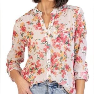 Kut From The Kloth Floral Jasmine Semi Sheer Chiffon Blouse Roll Tab Sleeve L